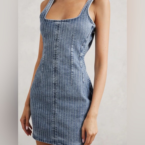 Good American Rhinestone Denim Mini Dress Indigo Blue Bodycon Size Small - Picture 3 of 12